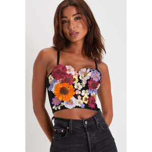 Lulus Flirty Icon Black 3d Floral Embroidered Bustier Tank Top - Size XS